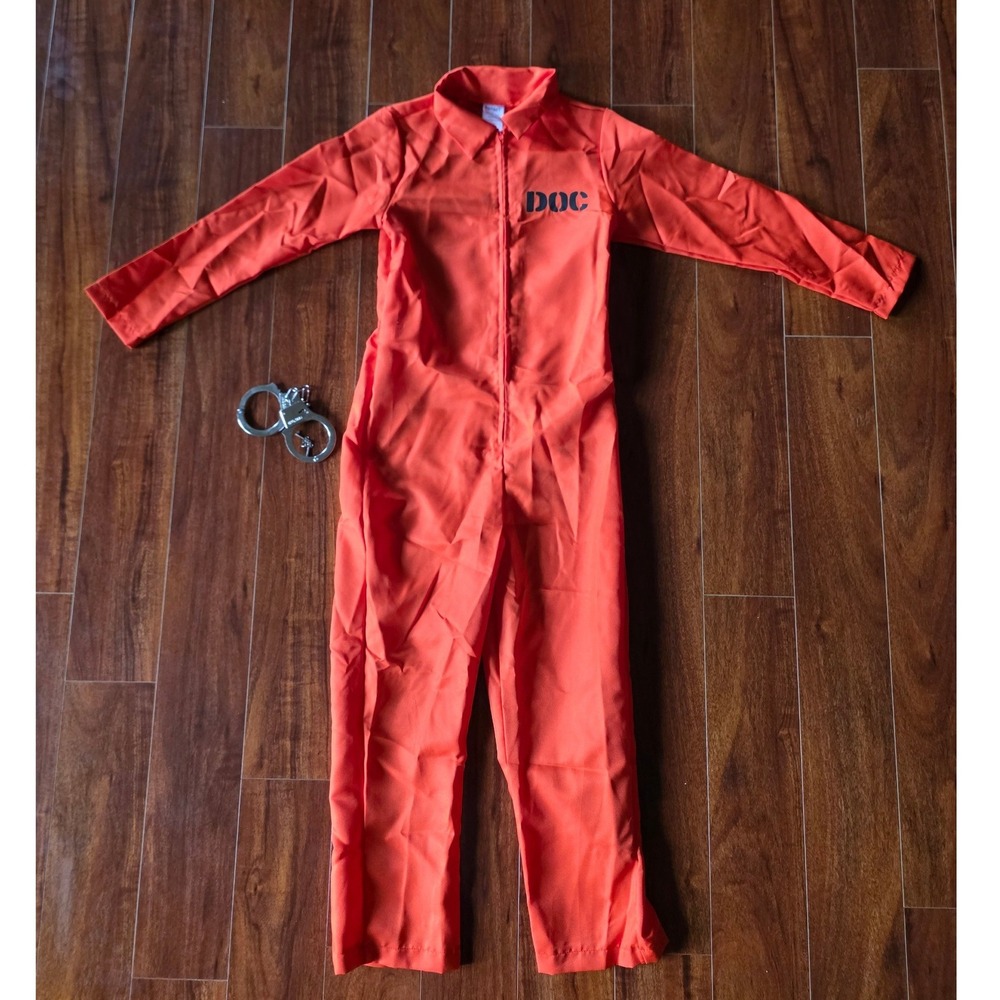 Spirit Halloween Kids DOC Orange Prisoner Costume Jumpsuit with Handcuffs Size L